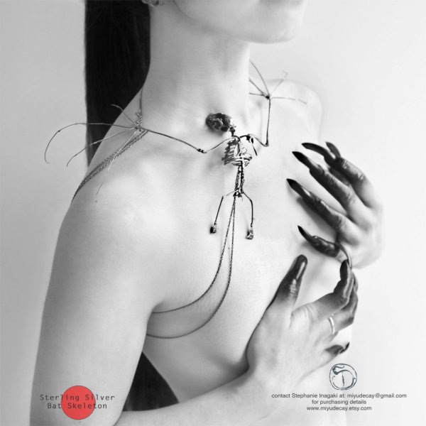 Sterling Silver Bat Skeleton Necklace