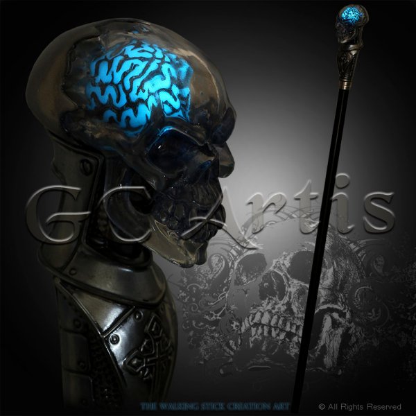 Crystal Human Skull With Moon Light Brain Walking Stick 2