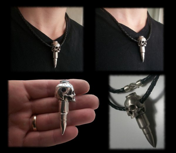Sterling Silver Skull Bullet Poison Pendant
