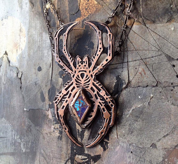 Etched Copper Garden Spider Necklace