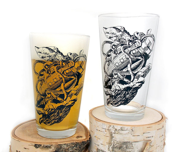 Kraken Attacking Submarine Pint Glasses