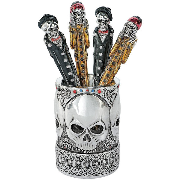 Gothic Skull Vessel And Skeleton Pen Desk Set