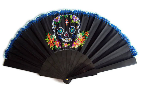 Hand Embroidered Sugar Skull Fan