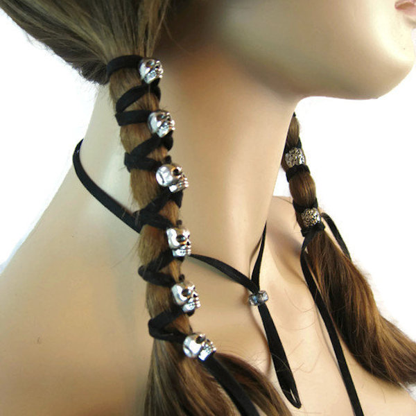 Black Leather And Skull Hair Ties
