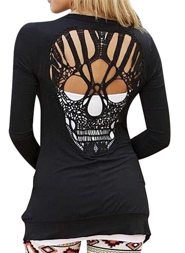 Women's Long Sleeve Open Front Back Cut Out Skull Top