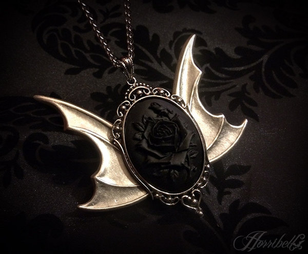 Black Rose Necklace With Bat Wings